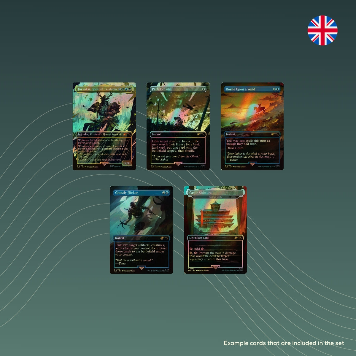 spectraltrading_Secret Lair x Playstation Ghost of Tsushima_mtg_secretlair_sealed_EN_rainbow_foil_example_cards