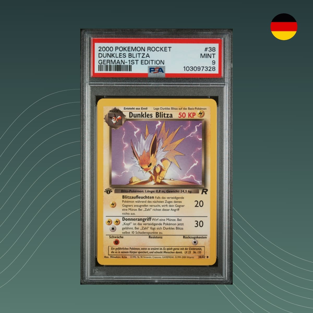 Dunkles Blitza Team Rocket 1st Edition 38/82 Pokémon 2023 PSA 9 MINT Deutsch Vorderseite Sammelkarte