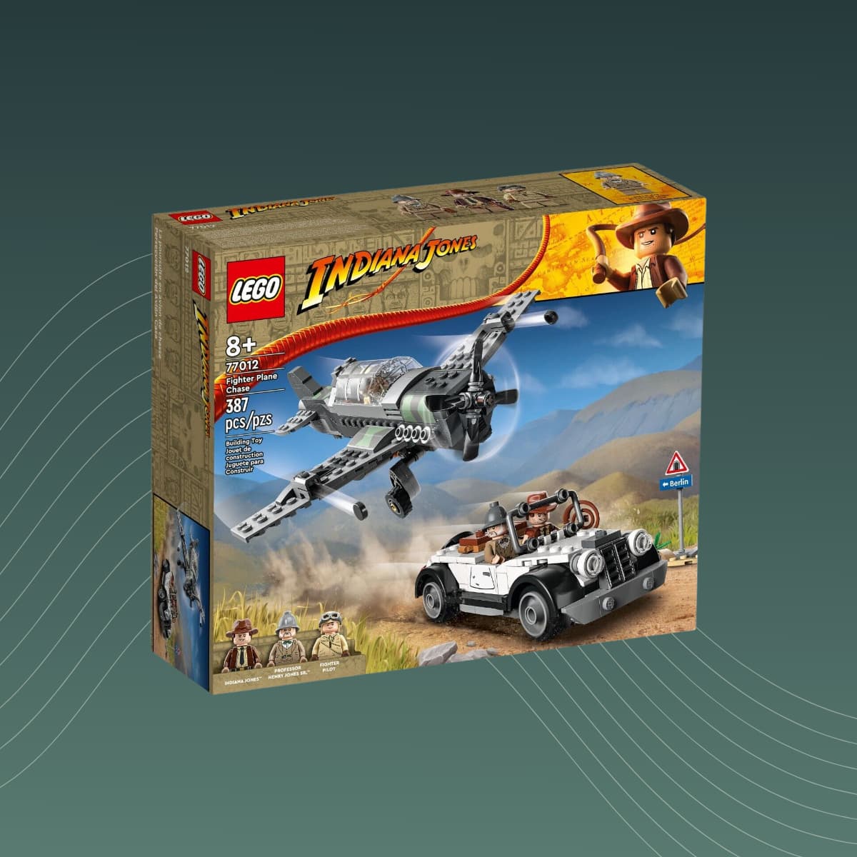 LEGO 77012 Indiana Jones Fighter Plane Chase – Bauset mit 387 Teilen, inklusive Flugzeug mit abnehmbaren Tragflächen, Oldtimer-Cabrio mit Kofferraum, 3 Minifiguren (Indiana Jones, Professor Henry Jones Sr., Pilot), Zubehör wie Schirm und Pistole